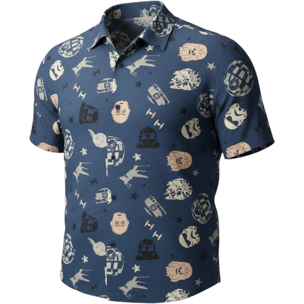 Star Wars Shirt Mens 2XL Blue Button Front Rayon Aloha Hawaiian Camp Print